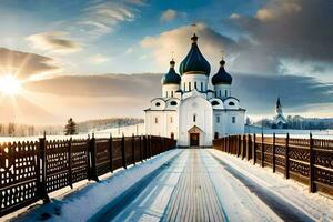 a church in the snow with a bridge. AI-Generated photo