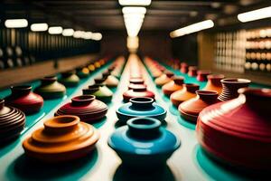 colorful vases are lined up on a table. AI-Generated photo