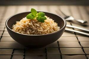 a bowl of brown rice with mint leaves on top. AI-Generated photo