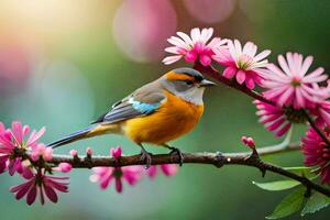 a colorful bird sits on a branch with pink flowers. AI-Generated photo