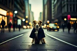 a dog in a coat sitting on the street. AI-Generated photo