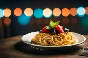 spaghetti with strawberries and blackberries on a plate. AI-Generated photo