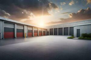 a large warehouse with two garage doors. AI-Generated photo