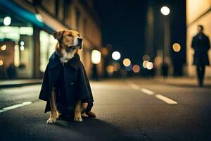 a dog in a coat sitting on the street at night. AI-Generated photo