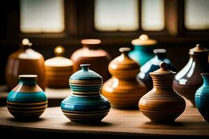 a group of colorful vases sitting on a table. AI-Generated photo