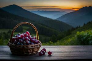 grapes in a basket on a table in the mountains. AI-Generated photo