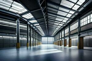 an empty warehouse with lots of windows and a large ceiling. AI-Generated photo