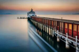 a long exposure photograph of a dock at sunset. AI-Generated photo