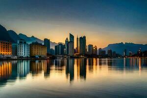 el ciudad horizonte a puesta de sol en abu dhabi generado por ai foto