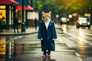 a cat dressed in a raincoat standing on a wet street. AI-Generated photo