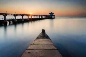 un largo exposición fotografía de un muelle a puesta de sol. generado por ai foto