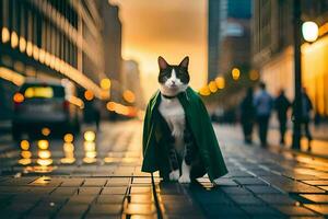 un gato vistiendo un verde capa camina abajo un ciudad calle. generado por ai foto