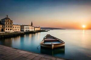 a boat sits in the water at sunset. AI-Generated photo