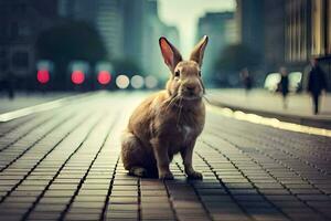 a rabbit is sitting on the street in front of a city. AI-Generated photo