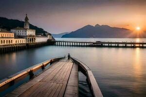 a pier at sunset with mountains in the background. AI-Generated photo