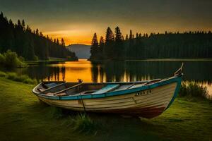 a boat sits on the shore of a lake at sunset. AI-Generated photo