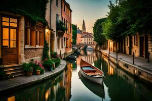 a boat is sailing down a narrow canal in a city. AI-Generated photo