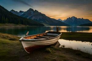 a boat sits on the shore of a lake at sunset. AI-Generated photo