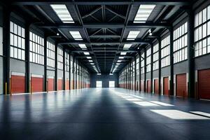 a long empty warehouse with red doors. AI-Generated photo