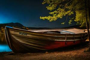 a boat sits on the shore at night. AI-Generated photo