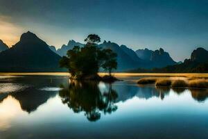 el montañas son reflejado en el agua a puesta de sol. generado por ai foto