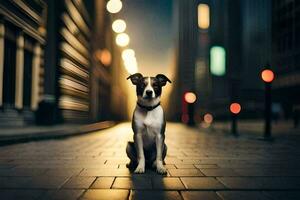 un perro sentado en el calle a noche. generado por ai foto