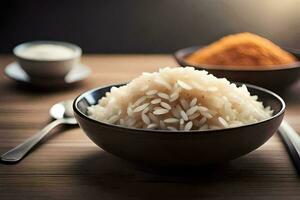 a bowl of rice and a spoon on a table. AI-Generated photo