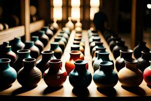 a row of colorful vases sit on a table. AI-Generated photo