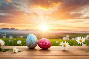 easter eggs on a wooden table in the sun. AI-Generated photo