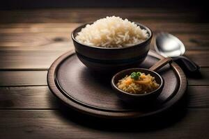 a bowl of rice and a spoon on a wooden table. AI-Generated photo