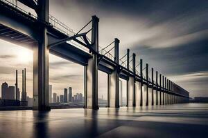 un largo puente con un ciudad en el antecedentes. generado por ai foto