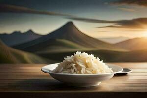 a bowl of rice on a table in front of mountains. AI-Generated photo