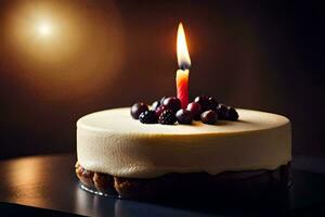 a white cake with a candle on top. AI-Generated photo