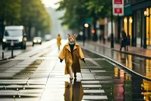 a dog in a raincoat walking down a street. AI-Generated photo