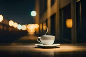 a cup of coffee on a table in the city. AI-Generated photo