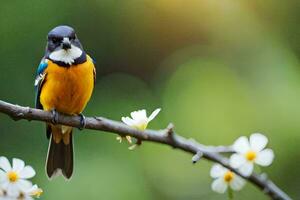 a colorful bird sits on a branch with flowers. AI-Generated photo