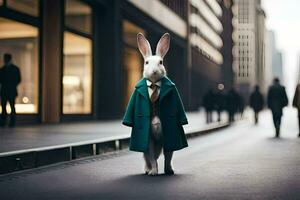 a rabbit wearing a coat and tie standing on a street. AI-Generated photo