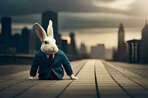 a rabbit dressed in a suit and tie sits on a bridge. AI-Generated photo