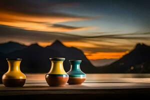 three vases sitting on a wooden table with mountains in the background. AI-Generated photo