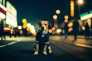 a dog in a suit standing on the street at night. AI-Generated photo