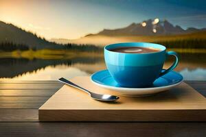 a cup of coffee on a wooden table with a lake in the background. AI-Generated photo