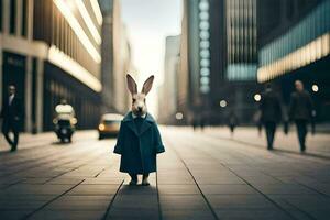 a rabbit in a blue coat standing in the middle of a city street. AI-Generated photo