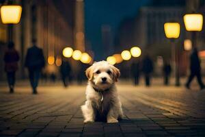 un perro sentado en el suelo en frente de un calle ligero. generado por ai foto