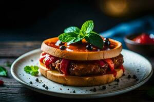 a hamburger with tomato sauce and cheese on a plate. AI-Generated photo
