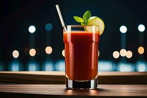 a glass of tomato juice with a straw. AI-Generated photo
