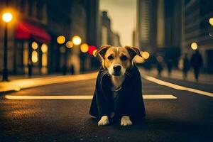 a dog in a coat sitting on the street. AI-Generated photo