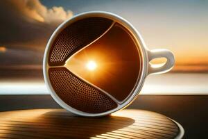 a cup of coffee with the sun shining through it. AI-Generated photo