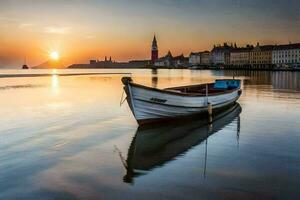 a boat sits on the water at sunset. AI-Generated photo