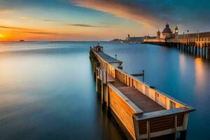 a long exposure photograph of a pier at sunset. AI-Generated photo