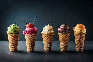 five different ice cream flavors in cones. AI-Generated photo